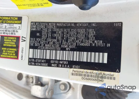 2013 Toyota Venza Le V6 z USA, uszkodzony, nr VIN 4T3ZK3BB4DU057000